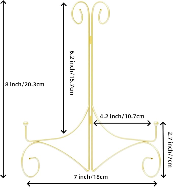 Plate Display Stands with Hinged Folding Design, 8 Inch Picture Frame Stand for Tables, Decorative Easels for Plates, Photos, Cards and Books, 8’’ Gold