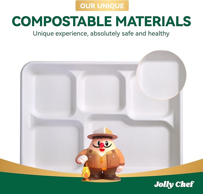 JOLLY CHEF Compostable 𝟱 Compartment Paper Plates 𝟭𝟭 * 𝟴 𝗶𝗻𝗰𝗵 [𝟭𝟬𝟬 𝗣𝗮𝗰𝗸] Heavy Duty White Divided Disposable Plate Eco-Friendly Biodegradable Containers Food Tray for Party Lunch Buffet