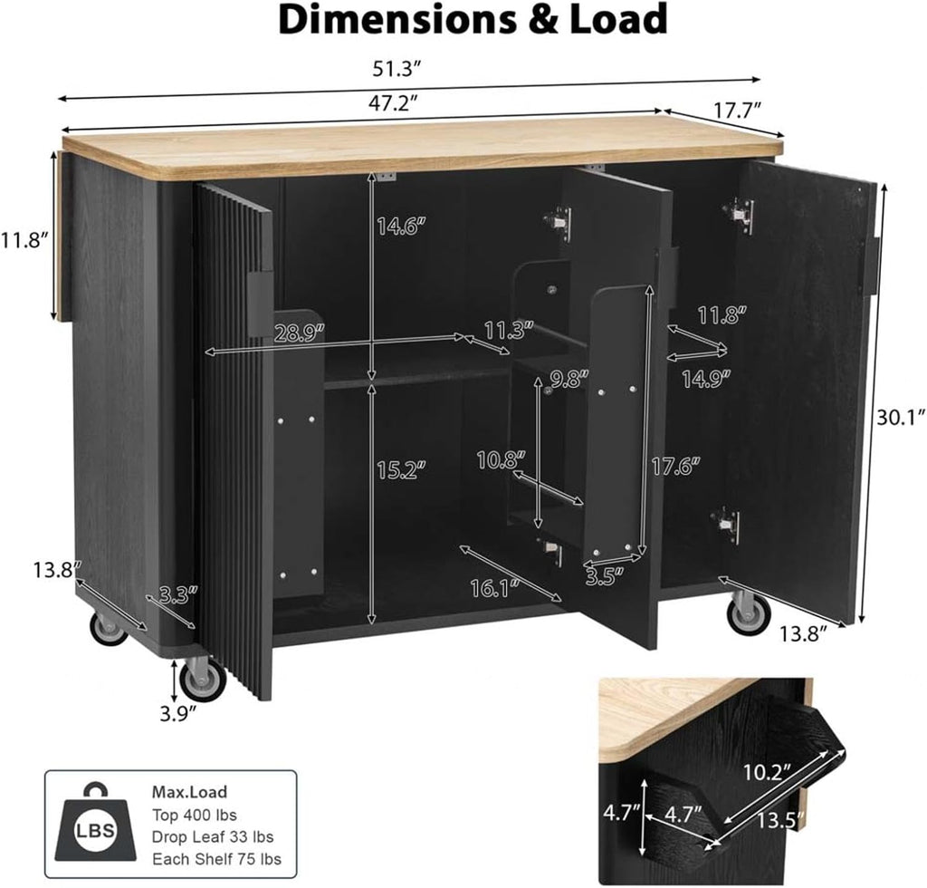 Movable Kitchen Island with Drop Leaf Countertop Height-Adjustable Shelves, Kitchen Island with Drop Leaf with Wheels Towel Rack， for Kitchen, Dining Room, Black