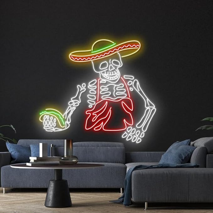 Mexican Skeleton Taco Led Sign, Mexican Skeleton Tacos Neon Sign, Wall Decor, Skeleton Taco Led Light, Father's day gift, Mexican Skull Taco Size:23inches