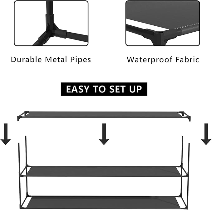 TY ARTS & CULTURE 2 Pack 3-Tiers Shoe Rack Organizer, Sturdy Metal Pipes & Durable Non-Woven Fabric, Shoe Rack for Closet Hold 24-30 Pairs, Shoe Rack for Entryway (Black)
