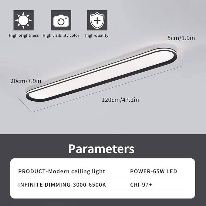 47.1 Inch Dimmable Metal LED Ceiling Light,Slim, Edge Lit - 65W Full Spectrum Linear Ceiling Lamps,3000-6500K Modern Ultra Thin Low Profile Light Fixture for Kitchen, Home & Office Hallway