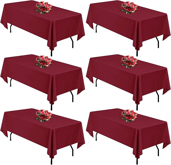 Burgundy 6 Pack Polyester Table Cloth 60 x 84 Inch, Rectangle Tablecloths for 6 Foot Tables Washable Table Cloth for Party Wedding