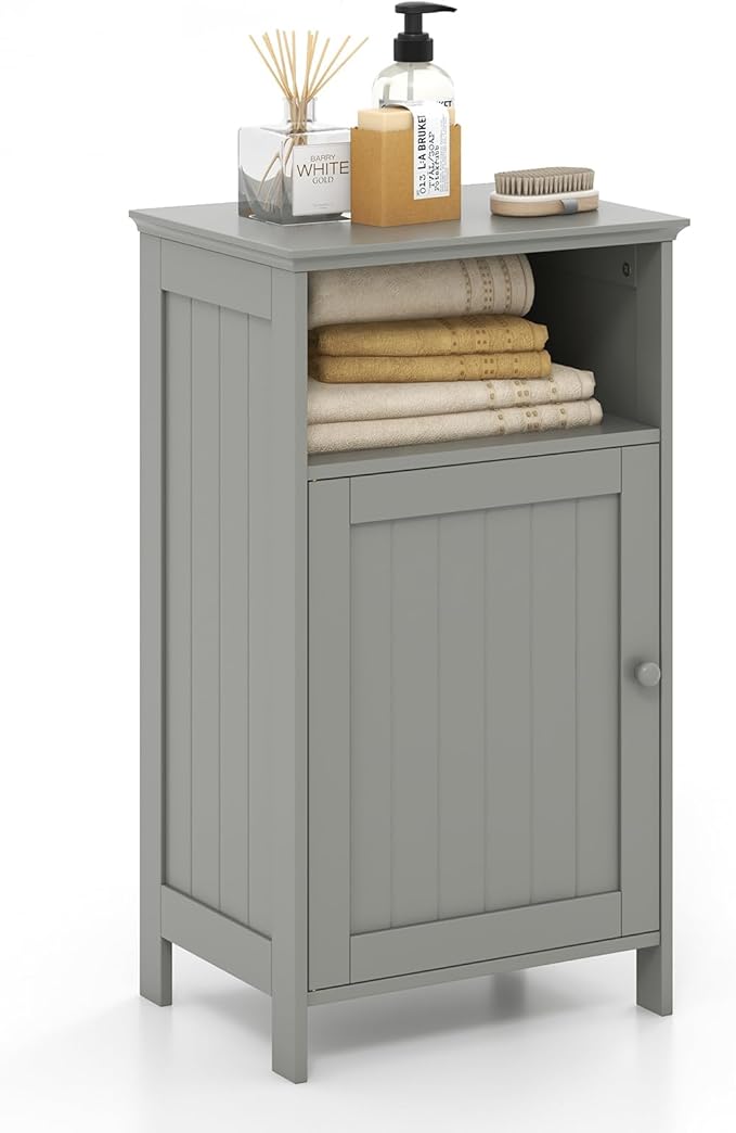 Tangkula Bathroom Storage Cabinet, Freestanding Wooden Single Door Side Floor Organizer with Adjustable Shelf, Small Bathroom Cabinet for Small Spaces, Living Room (Grey)