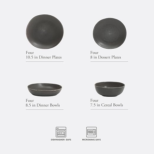 Gibson Elite Zion Mist 16 Piece Stoneware Reactive Glaze (Service for 4) Ceramic Plates and Bowls Modern Organic Dinnerware Set - Black