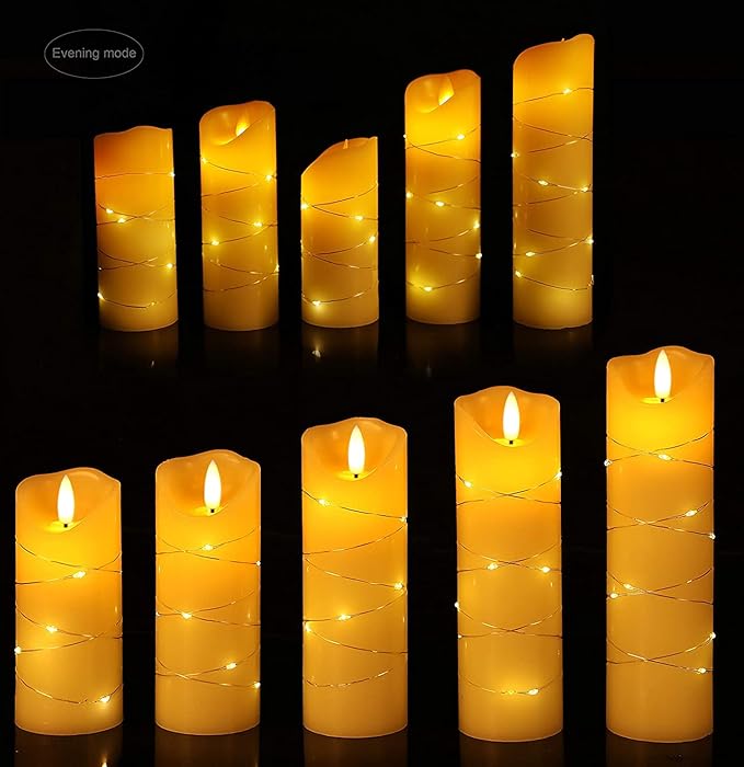 LED flameless Candle, with Embedded Starlight String,（ danip)5-Piece LED Candle, with 10-Key Remote Control, 24-Hour Timer Function, Dancing Flame, Real Wax, Battery-Powered. (Ivory White)