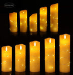 danip flameless Candle, with Embedded String Lights, 5-Piece LED Candles, with 10-Key Remote Control, 24-Hour Timer Function, Dancing Flame, Real Wax, Battery-Powered. (Ivory White)