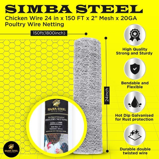 Chicken Wire 24 in x 150 FT x 2” Mesh x 20GA | Poultry Wire Netting | Hot Dipped Galvanised | Hexagonal Galvanized Mesh for Chicken Coop, Rabbit Cage, Fence Barrier PM24x150x2