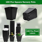 June Fox Small Seedling Pots 4 Inch, 100 Pcs Square Plant Pots Bulk, Plastic Nursery Pots with Drain Holes for Seedlings, Succulents, Cuttings (Black)