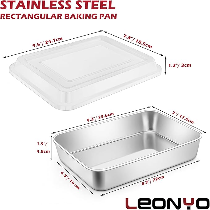 Leonyo Bakeware Cake Pan with Lid, 9.3 x 7 Inch Rectangle Lasagna Pan with Lid, Stainless Steel Baking Trays for Commercial Kitchen, Focaccia Bread, Casserole Dish - 2 Inch Deep, Refrige & Oven Safe
