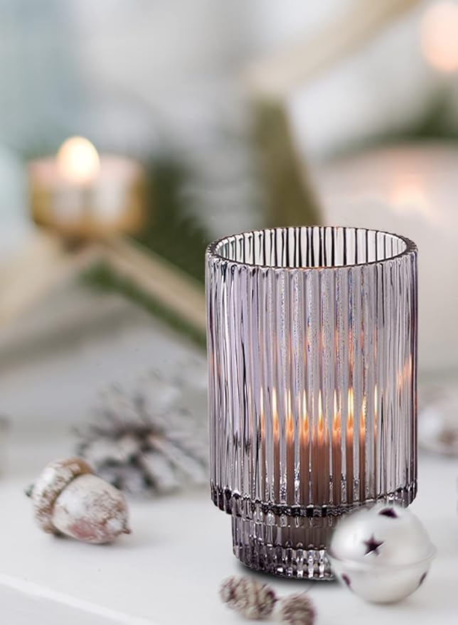 Serene Spaces Living 5in Smoke Ribbed Glass Votive Holder, Decorative Centerpiece for Wedding, Christmas, Thanksgiving, Dining Table, Living Room, Home Décor, 3.25" Diameter & 5" Tall, Pack of 24