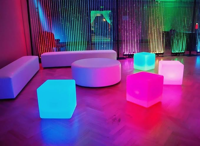 Mr.Go 14-Inch Color Changing LED Cube Light Stool, Glow Cube Seat for Kids, Modern LED Light Side Table, 16 RGB Colors LED Mood Lighting, Ideal for Home Garden Patio Bar Pool Party Decorative Lighting