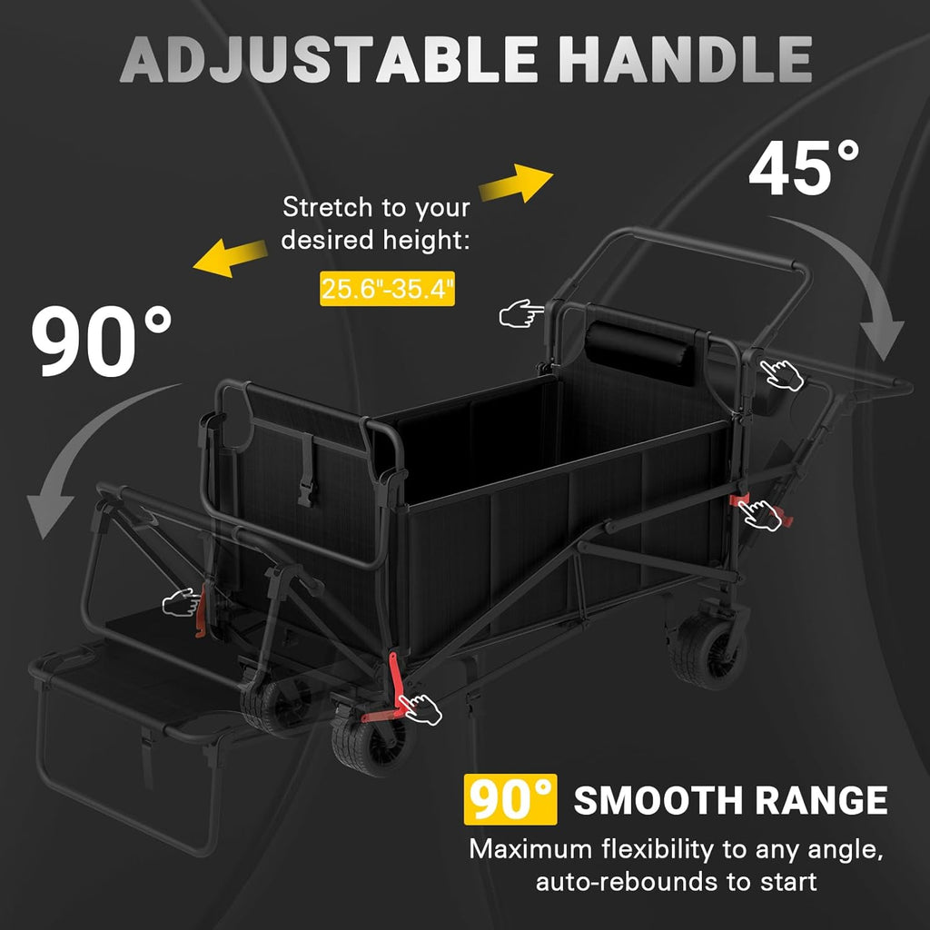 LEVELEVE Heavy Duty Folding Wagon - 2-in-1 Collapsible Cart, 650lb Capacity, All-Terrain Wheels w/Brakes & Side Pockets (Black)