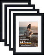 KINLINK A4 Picture Frame, Black Solid Wood Frames with Acrylic Plexiglass for Pictures A5 with Mat or A4 without Mat, Tabletop and Wall Mounting Display 4 Pack