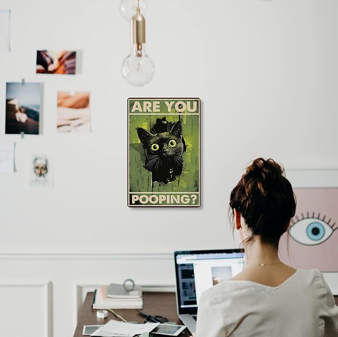 Funny Black Cat "Are You Pooping?" Tin Sign - Humorous Bathroom Wall Décor, 8x12 Inches, Vintage Metal Sign for Indoor & Outdoor Use, Cat Wall Art