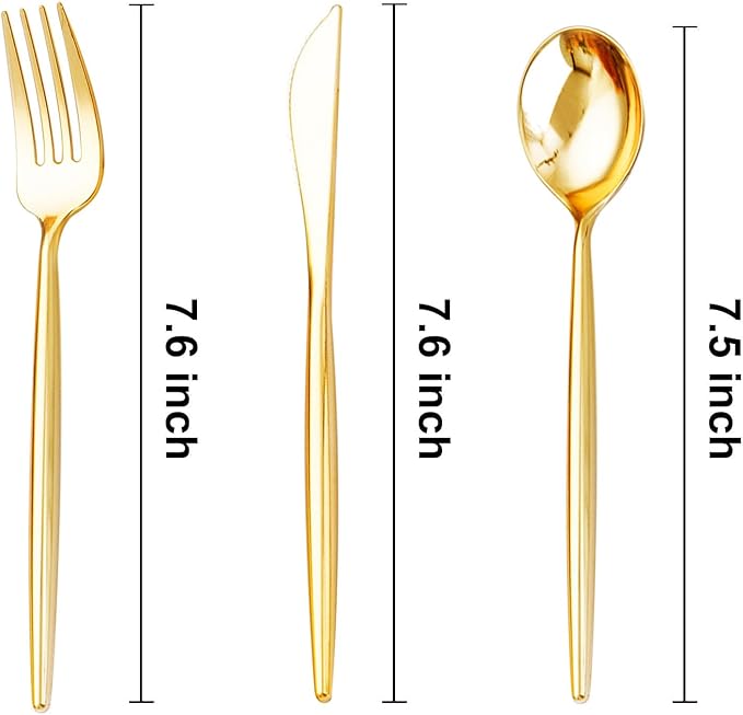 SUT 300 Pcs Gold Plastic Cutlery, Gold Utensils Disposable, Gold Plastic Silverware Set Include 100 Gold Plastic Forks, 100 Gold Plastic Spoons, 100 Gold Plastic Knives Heavy Duty Flatware for Party