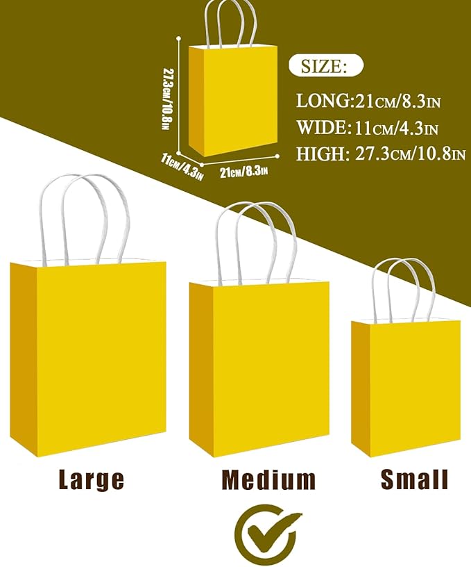 qiqee 50-Packs Bright Yellow Paper Gift Bags with Handles Bulk 11"x8.3"x4.3" Medium Size Paper Bags Multiple Uses