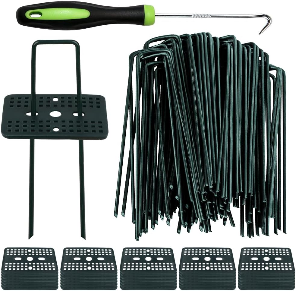 Bakulyor 50 Pcs Green Artificial Turf Stakes Anchor + 50 Pcs Buffer Washer, 6 Inch 11 Gauge Landscape Staples, Galvanized Lawn Spikes, Heavy Duty Yard Ground Pin for Grass Weed Barrier Sod Fabric