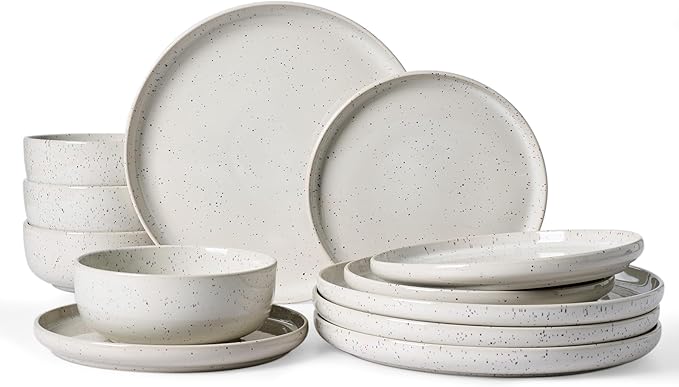 Famiware Meteor Plates and Bowls Sets for 4, 12 Pieces Dinnerware Sets, Microwave and Dishwasher Safe Dishes Set, Creamy White