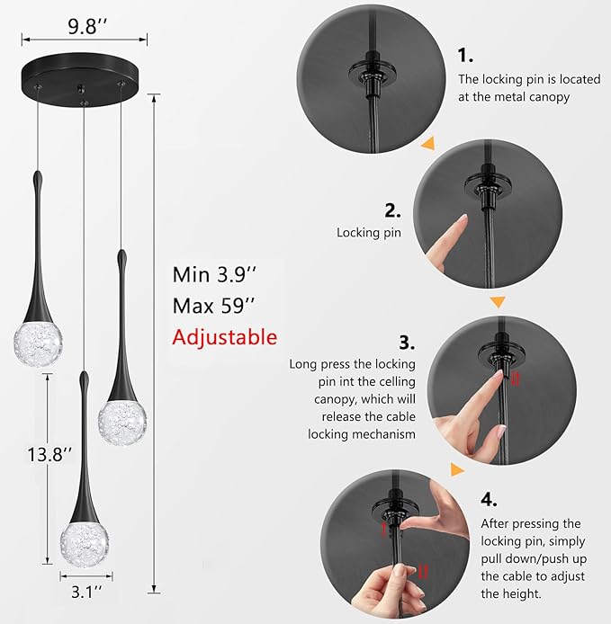 cenzoz 3-Lights Modern Pendant Lights for Kitchen Island LED Dimmable Crystal Glam Ceiling Pendant Lighting Chandelier for Dining Room Hallway Bedroom Corner Lamp Black