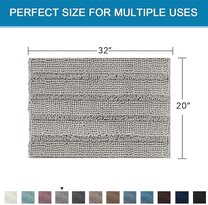 H.VERSAILTEX Bath Rugs for Bathroom Non Slip Bath Mats Extra Thick Chenille Striped Rug 20" x 32" Absorbent Non Skid Fluffy Soft Shaggy Washable Dry Fast Plush Mat for Indoor, Bath Room, Tub - Dove