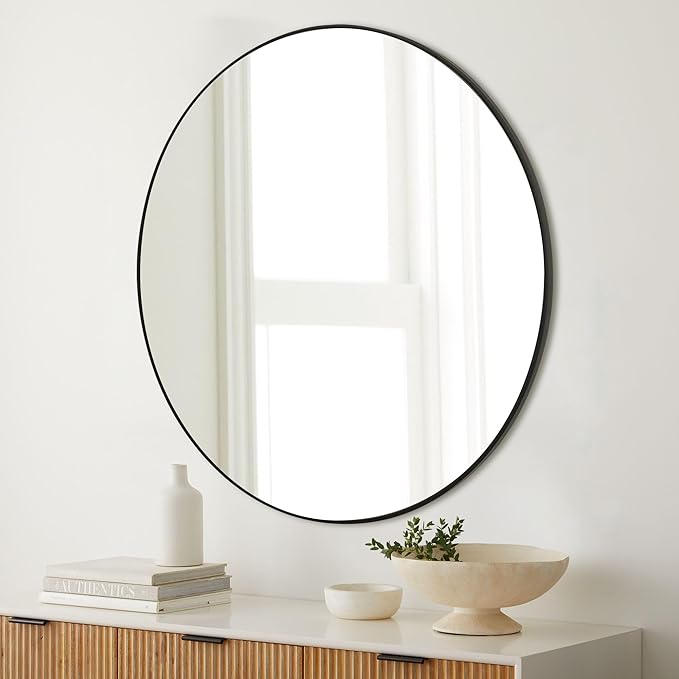 Black Round Mirror 30 Inch,Circle Bathroom Vanity Mirror for Wall,Hanging Modern Tempered Glass Mirror for Entryway or Living Room (30 Inch, Black)