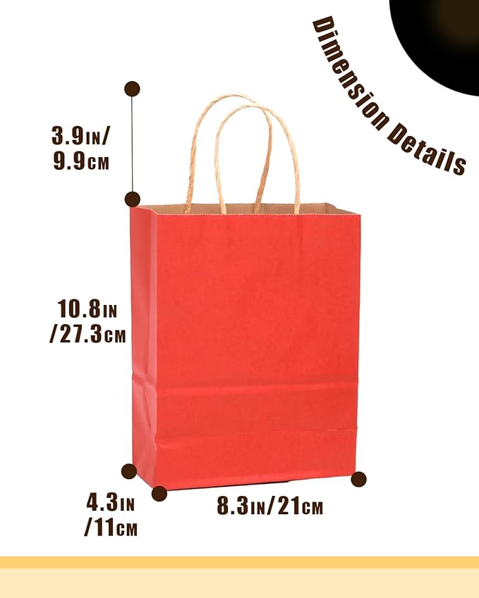 qiqee 50-Packs Kraft Red Paper Gift Bags with Handles Bulk 11"x8.3"x4.3" Medium Size Paper Bags Multiple Uses