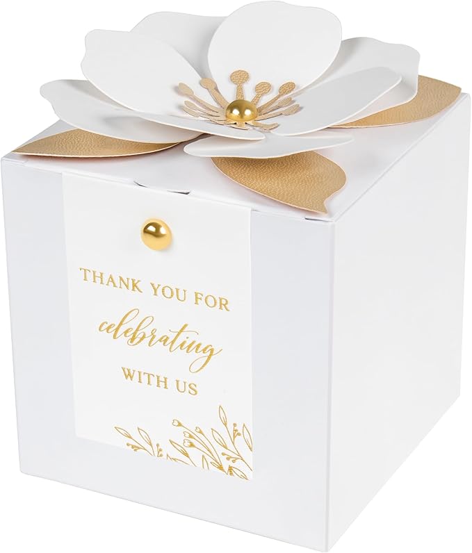 FEIYI 20 PCS White Gift Boxes, 3 In 1 Favor Boxes with Floral Decor, White Thank You Tags Cupcake Containers Gift wrapping for Wedding, Baby Shower, Birthday, Decorations Party - 3.55x3.55x3.55