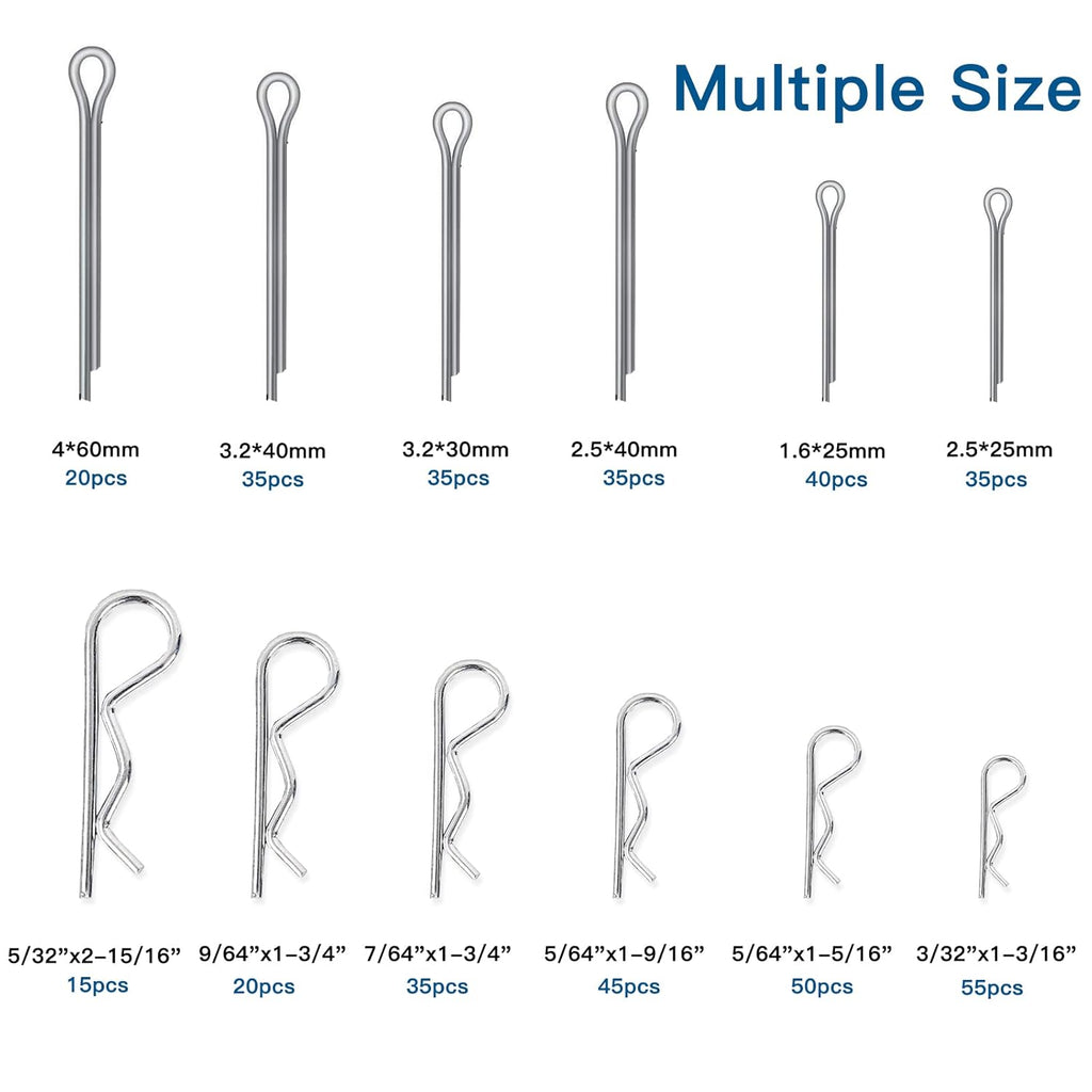 Boatsea 420Pcs Cotter Pin Assortment Kit R Clips Spring Retaining Hair Pins Assortment Kit, Including 6 Sizes 200PCS Cotter Pins and 6 Sizes 220PCS Hairpin Pins, Zinc-Plated