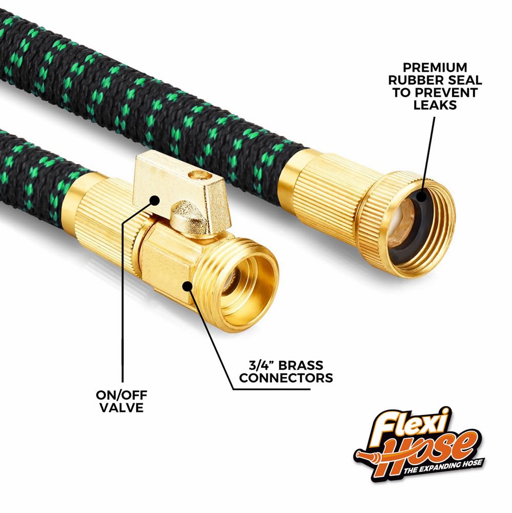 Flexi Hose with 8 Function Nozzle, 25FT - Lightweight Expandable Garden Hose, No-Kink Flexibility, 3/4 Inch Solid Brass Fittings and Double Latex Core - Black and Green