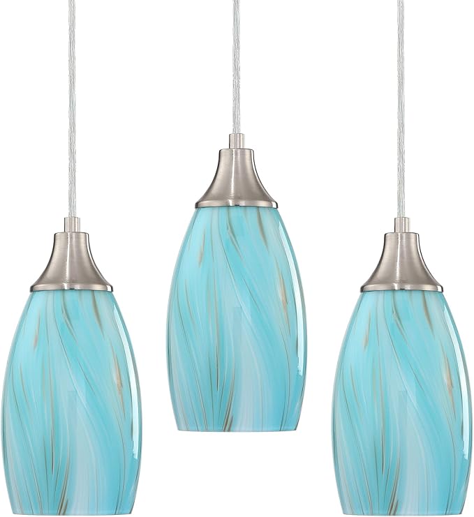 Mini Art Glass Pendant Lights Kitchen Island,Handcrafted Teal with Gold Glass Ceiling Pendant Lighting Brushed Nickel Adjustable Cord Hanging Lamp Cover for Coffe Bar,Dining Room 3pack