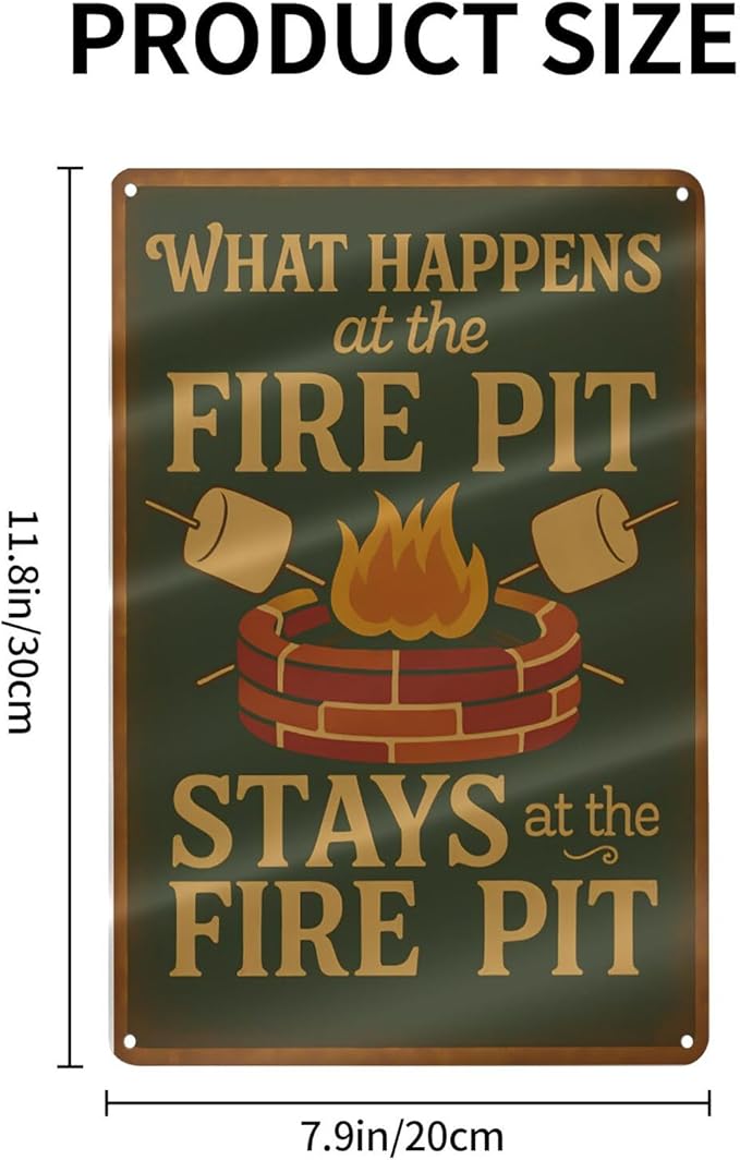 Funny Firepit Metal Sign - "What Happens at the Firepit" Outdoor Wall Decor for Patio, BBQ, Grill, or Campsite - Great Gift for Campers & Dads - 8" x 12"