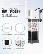 AQQA Aquarium Filter, Power Fish Tank Filter with Rainshower Pipe Adjustable Water Flow, Ultra Silent Biochemical Quartz Balls&Physical Sponge Double Filtration for Fish Tank 20-35 Gallon (6W-145GPH)