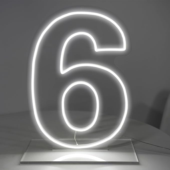 Number 6 Neon Sign for Birthday, 16.54" Cool White USB Battery Powered Led Neon Sign for Party Wedding Anniversary Decor Light Sign (Number 6)