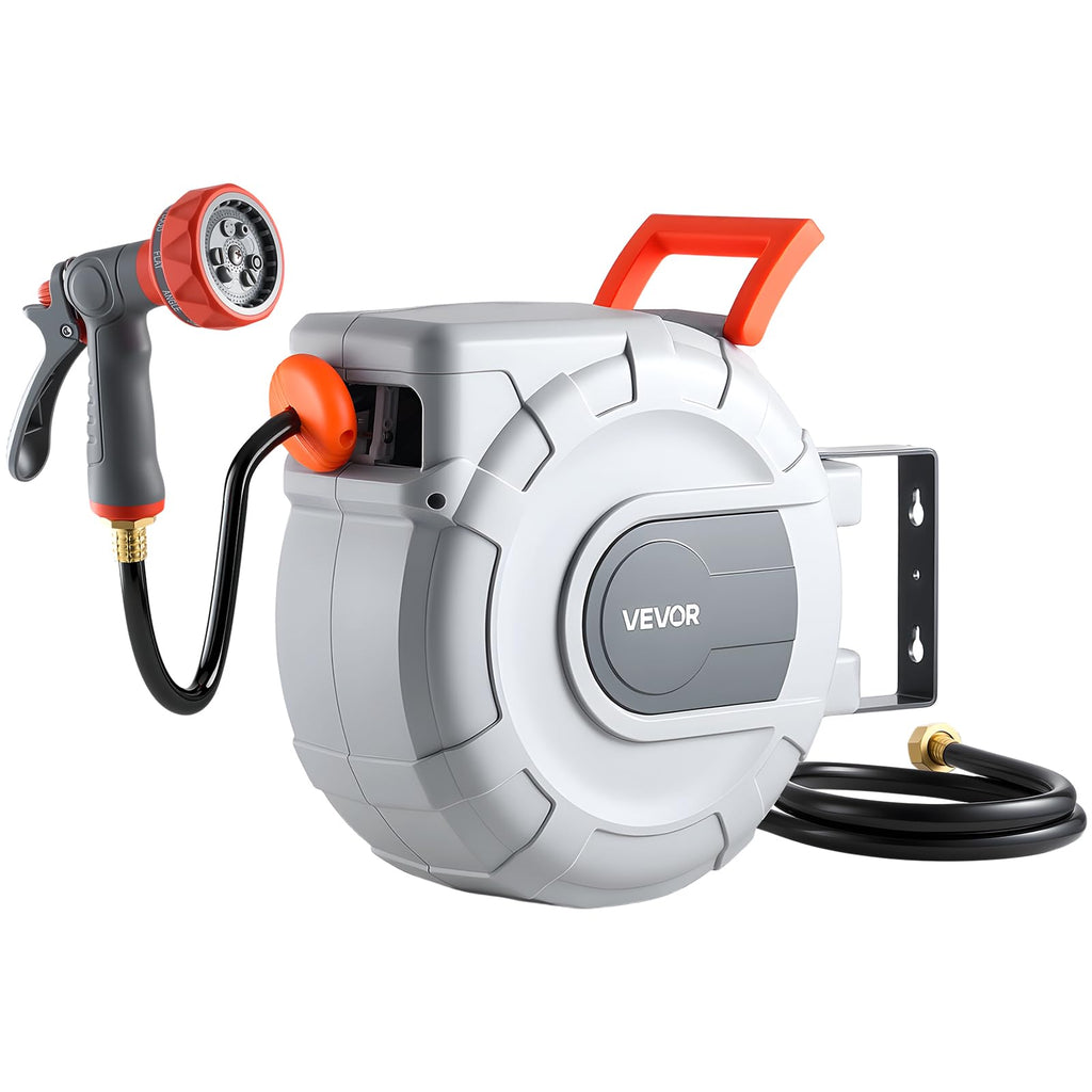 VEVOR Retractable Garden Hose Reel, 1/2 in x 50 ft, Wall Mounted Hose Reel with 9-Function Sprayer Nozzle and 180° Swivel Bracket, Any Length Lock, Automatic Slow Rewind System, for Garden Watering