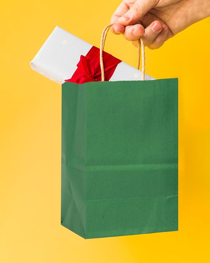 Bakepacker 100 Pcs Deep Green Mini Paper Gift Bags with Handles 6"x4.5"x2.5" Brown Kraft Party Favor Bags Multiple Uses (Mini size)
