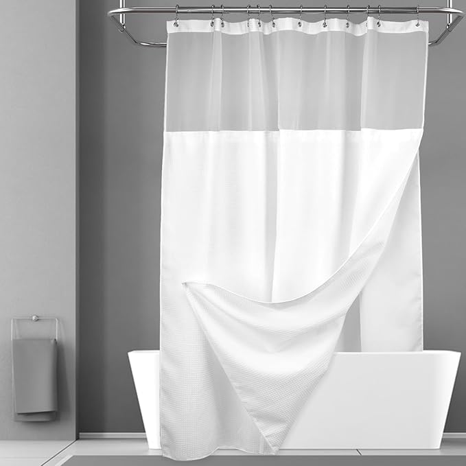 N&Y HOME Long Waffle Weave Shower Curtain with Snap-in Fabric Liner and 12 Hooks Set - 71" x 78", Hotel Style & Mesh Top Window, Machine Washable, Water Repellent - 71x78, White
