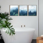 Arjun Forest Wall Art Misty Tree Indigo Blue Landscape Canvas Painting Mountain Pine Tree Nature Birds Pictures Scenery Framed for Living Room Bedroom Bathroom Home Office Wall Decor, 12"x16"x3 Panels