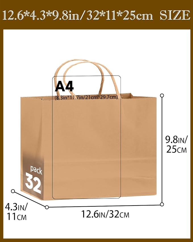 qiqee 13"x4.5"x10" Large Gift Bag with Handles Bulk 100PCS Gift Paper Bags Brown Bags Multiple Uses (Wide Large)