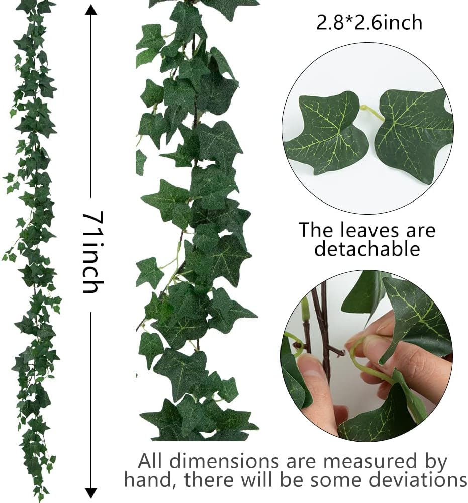 3 Strands Odorless Artificial Ivy Vines Kit, 71" Silk Ivy Garland with Green Leaves, Fake Hanging Plants Greenery Decoration for Bedroom, Windows, Walls, Wedding, Outdoor Decor (Green)