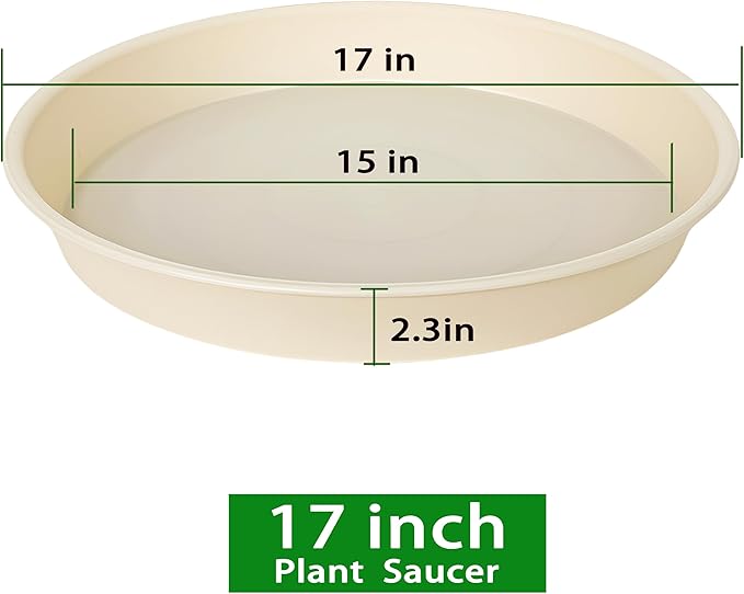 4 Pack of 16 17 inch Plant Saucer (15 inch Base), 2.3" Depth, Heavy Duty Deep Plant Trays for Pots, Plant Saucers for Indoors, Bird Bath Bowls, Drip Trays for Planter (17", Beige)