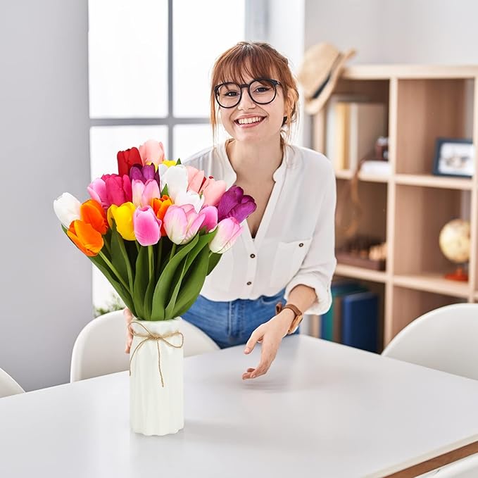 27pcs Colorful Artificial Flowers Tulips, Tulips with 1pc Plastic Vase, Fake Flowers Real Touch Flower 13.9", Christmas, Mother's Day, Easter, Valentine's Day, Family Kitchen, Wedding Decorations