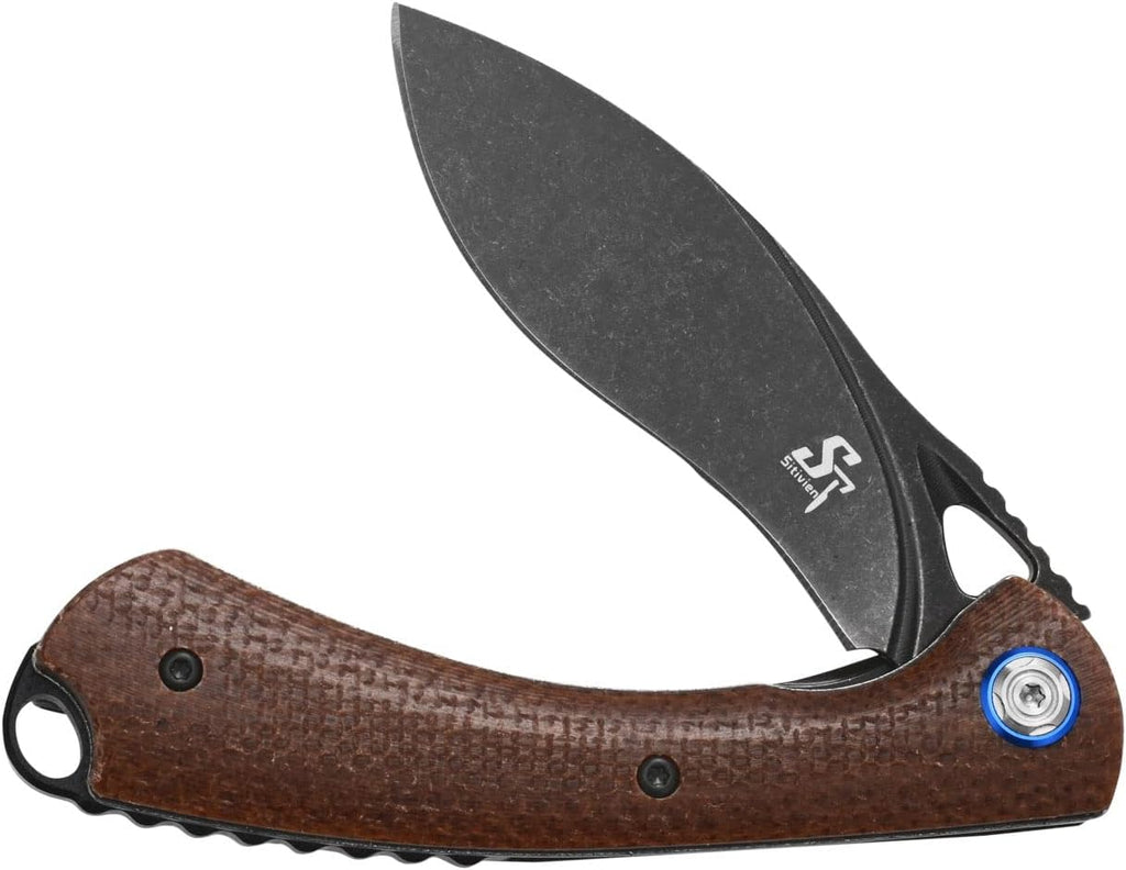 Sitivien ST147 Folding Pocket Knife,Black Stonewashed 14C28N Steel Blade with Micarta Handle Utility Knife EDC Tool Knife for Outdoor Camping,Hiking,Hunting(Brown)