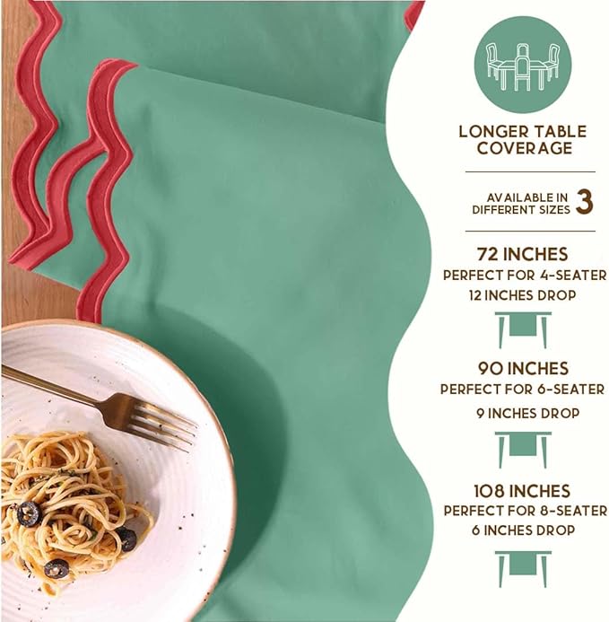 Folkulture Table Runner | Table Runners 108 inches Long | Scallop Table Runner for Farmhouse Decor or Boho Decor | Green Table Runners for Dining Room Table Decor | Table Decorations for Party