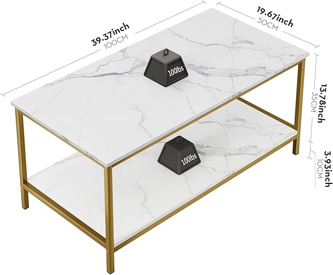 SAYGOER Modern 2-Tier Coffee Table for Living Room White Gold Coffee Tables Industrial Rectangle Wood Table for Large or Small Spaces Home Office Apartment, White Gold