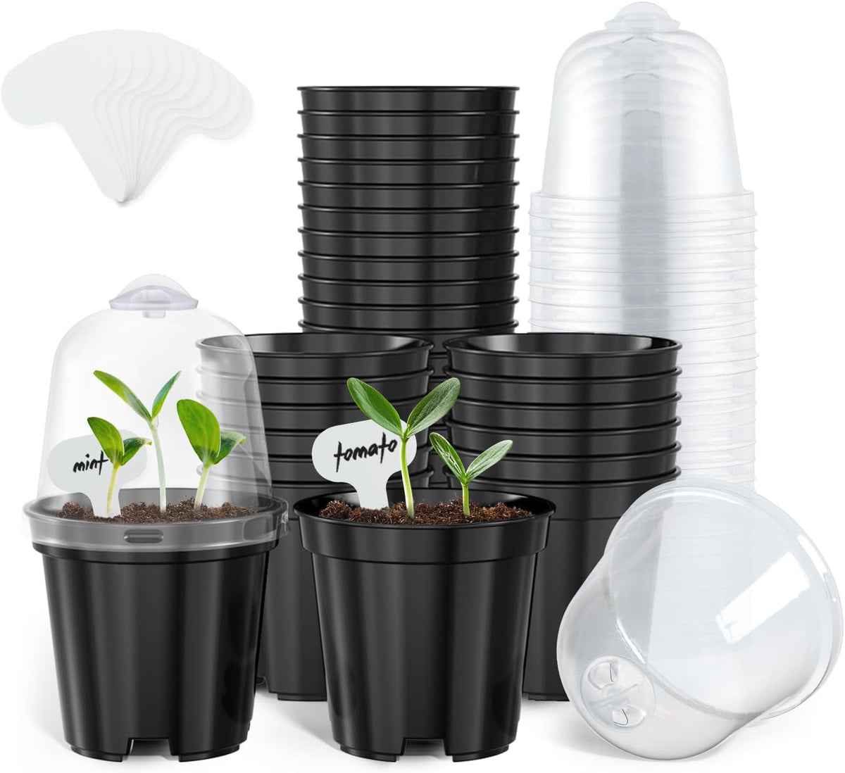 homenote Nursery Pots for Plants,3 Inch Plant Pot for Planting with Humidity Domes Plastic Seedling with Drainage Holes Seed Starter Flower with 10 Labels Black (30 Pack)