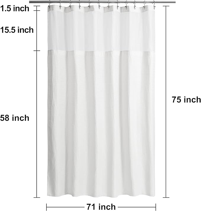 N&Y HOME Long Waffle Weave Shower Curtain 75 Inch Length with Snap-in Fabric Liner & Metal Hooks Set - Hotel Style, Waterproof & Washable, Heavyweight Fabric & Mesh Top Window - 71x75, White