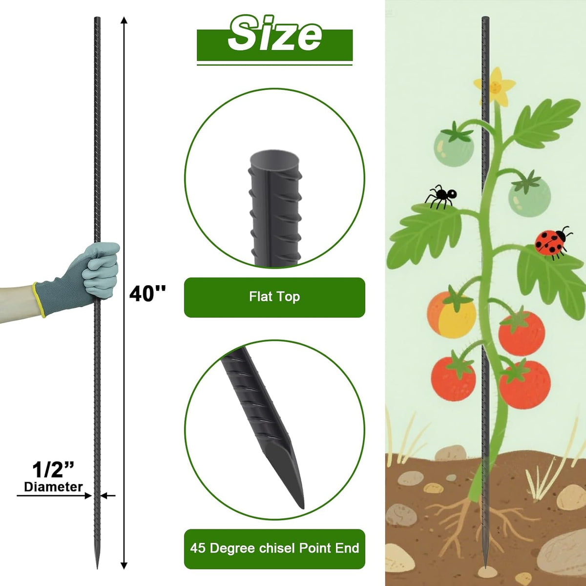 AAGUT 40" Rebar Stakes 1/2" 10 Pcs, Straight Ground Stakes Heavy Duty Landscpe Timber Spikes with Chisel Point End for Cement, Concrete Form, Plant Support, Black