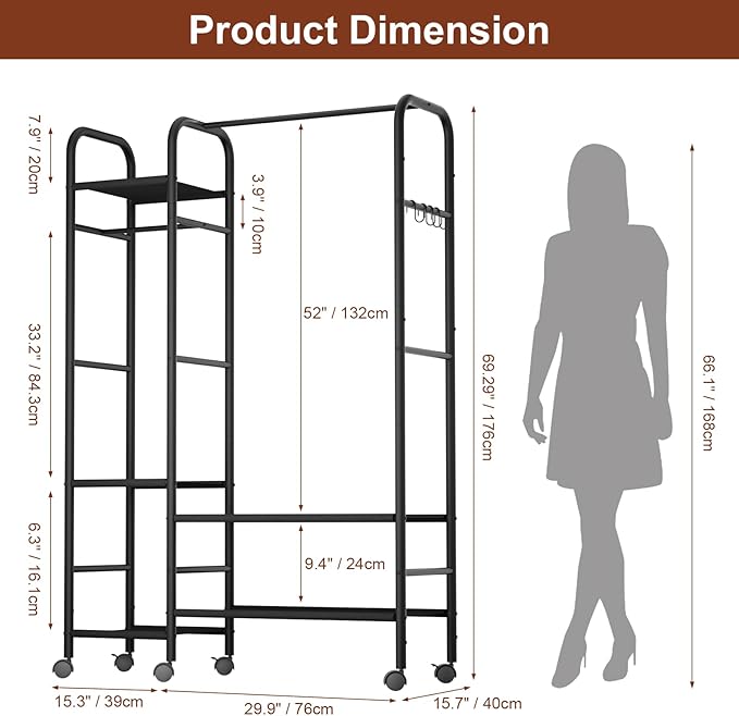 Portable Closets For Hanging Clothes,Wardrobe Closet Racks For Hanging Clothes,Sturdy Clothes Rack Heavy Duty,5-Tier Metal Freestanding Clothing Racks With Shelves, 45" X 16" X 69"