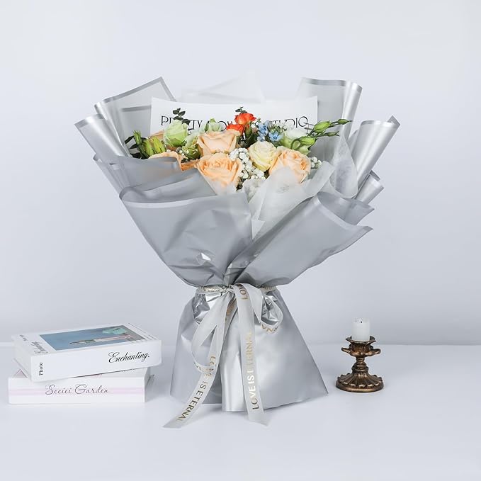 NESCCI 20 Sheet Flower Wrapping Paper - Waterproof Floral Bouquet Wrapping Paper, Florist Supplies Packaging Paper for Wedding Birthday Gift DIY (Translucent Silver)